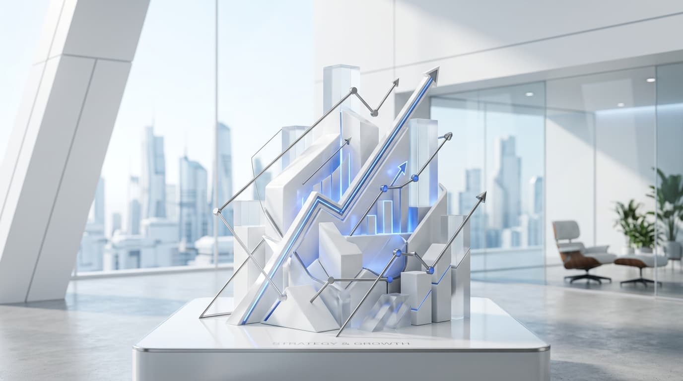 Escultura 3D em porcelana branca de vetores de crescimento financeiro e métricas de precisão